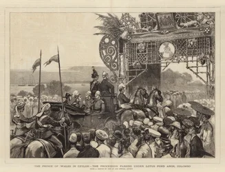 De Prins van Wales in Ceylon, de processie onder de Lotus Pond Arch, Colombo